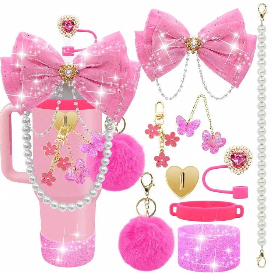 QY Bling Cup Accessories For 40/30/20 Oz Tumbler With Handle Including Glitter Bow Straw Topper, Heart Straw Cover, Pearl Water Bottle Handle Strap, Boot, Pom-Pom, Keychain Charms(Hot Pink) 2216 - 玫紅色 - 查看 1
