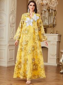 女士穆斯林长袍祈祷服，随机剪裁和印花拼布设计，伊斯兰迪拜风格休闲长袍 - 黃 - 查看 8
