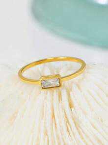 1pc French Fashionable Luxury Vintage Inlaid Square Zirconia Stainless Steel Ring Accessory, Multi-Size & Multi-Color - Gold White - View 8