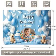 可定制照片名称蓝色熊生日快乐背景蓝色条纹木板气球生日蛋糕云装饰设计个性化生日、婴儿洗礼和派对背景摄影横幅道具乙烯基 - 小熊藍色 - 查看 5