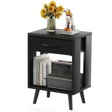 Con cajones de almacenamiento de tela y estantes abiertos de madera, mesa auxiliar de dormitorio con función de almacenamiento, mesita de noche de dormitorio con cajones - Negro - Ver 9