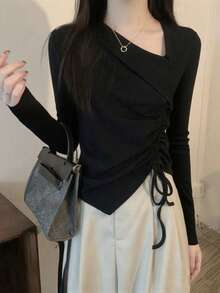 女士纯色不对称领口侧抽绳长袖休闲T恤，春秋季黑色 - 黑色 - 查看 1