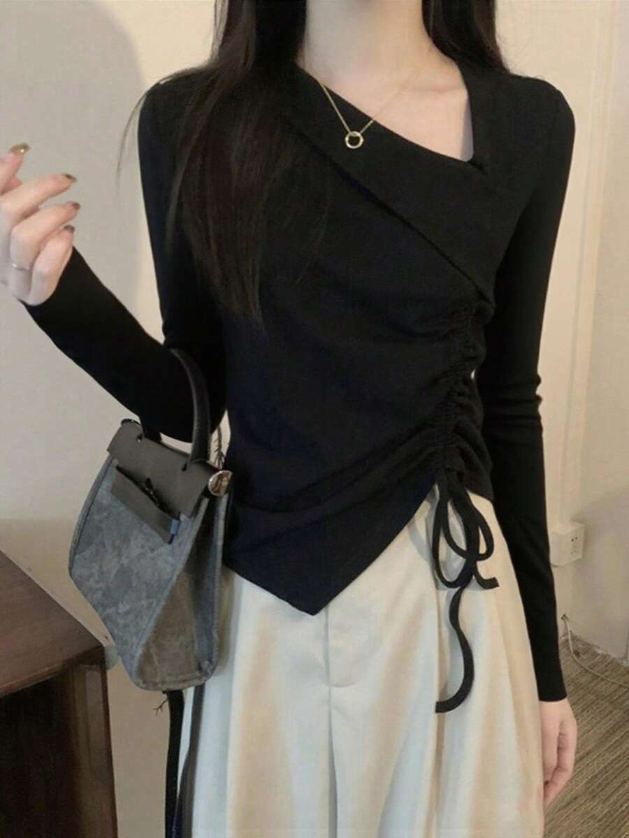 女士纯色不对称领口侧抽绳长袖休闲T恤，春秋季黑色 - 黑色 - 查看 1