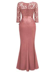 MIUSOL Elegant Women's V-Neck Contrast Lace Ruffle Satin Maxi Dress, Bodycon Split Hem,  Perfect For Formal Wedding Guest , Evening Party, Birthday - 藕粉色 - 查看 8