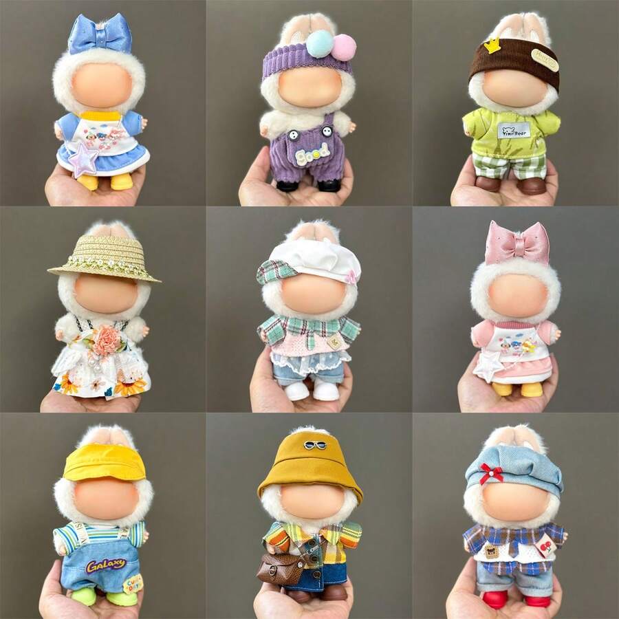 Conjunto de ropa para muñeca de 17 cm, compatible con Labubu, conjunto de ropa adecuado para muñecas de 6.7 pulgadas, accesorios de sombrero y ropa de moda y únicos, adecuado para muñecas de primera/segunda/tercera generación para jugar y exhibir, solo conjunto de ropa (excluye muñecas y zapatos)