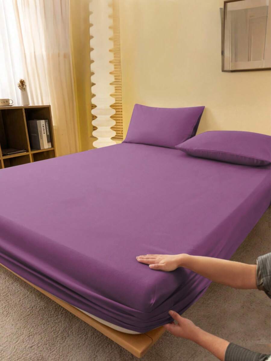 1pc Solid Color Dark Purple Fitted Sheet, Mattress Protector, Mattress Cover For Bed, Bed Sheet, Soft And Breathable, For All Size Bed -Twin, Full, King, Queen Size Sheet Deep Pocket Up To 11.8 Inch Home Textile - Purple - View 1
