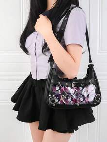 1pc甜美酷女孩风格月牙腋下包，链条和心形设计，抽绳蝴蝶结，精致百搭小容量单肩包，时尚高端甜美女士钱包，皮带扣装饰优雅手提包，双面超级实用，透明窗口装饰，DIY包包，适合通勤，参加漫画展，展示动漫周边，购物，派对等。 - 彩色 - 查看 4