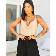 Women's Elegant Boba Collar Tank Top With Adjustable Thin Straps - 米色 - 查看 2