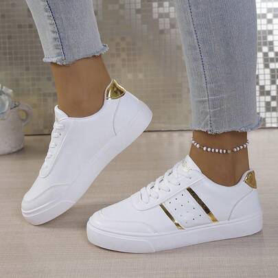 1 Pair Women Round Toe Casual Sneakers, Fashion Flat Lace-Up Comfortable Versatile White Shoes