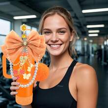 QY Bling Cup Accessories For 40/30/20 Oz Tumbler With Handle Including Orange Glitter Bow Straw Topper, Heart Straw Cover, Pearl Water Bottle Handle Strap, Boot, Pom-Pom, Keychain Charms 2216 - 橘色 - 查看 4