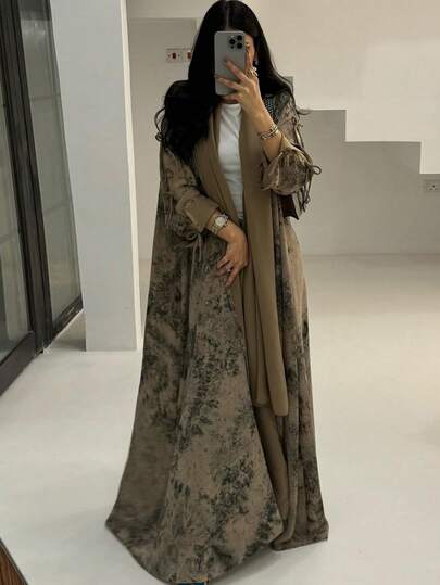2pcs/Set Modest Fashion Muslim Chiffon Printed Jacket With Headscarf, Casual Summer Outfit