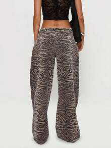 Women's Tiger Striped Denim Pants Fashionable Casual Low Waisted Wide Leg Jeans With Pockets - Màu Khaki - Xem 3