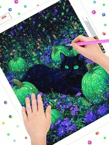 Kit de peinture de diamant 5D, chat noir et fleurs. Broderie de diamant 5D ronde complète pour adultes débutants. Mosaïque de cristal artisanale. Convient pour la décoration murale de la maison. Cadeau de Thanksgiving et de Noël pour la famille et les amis