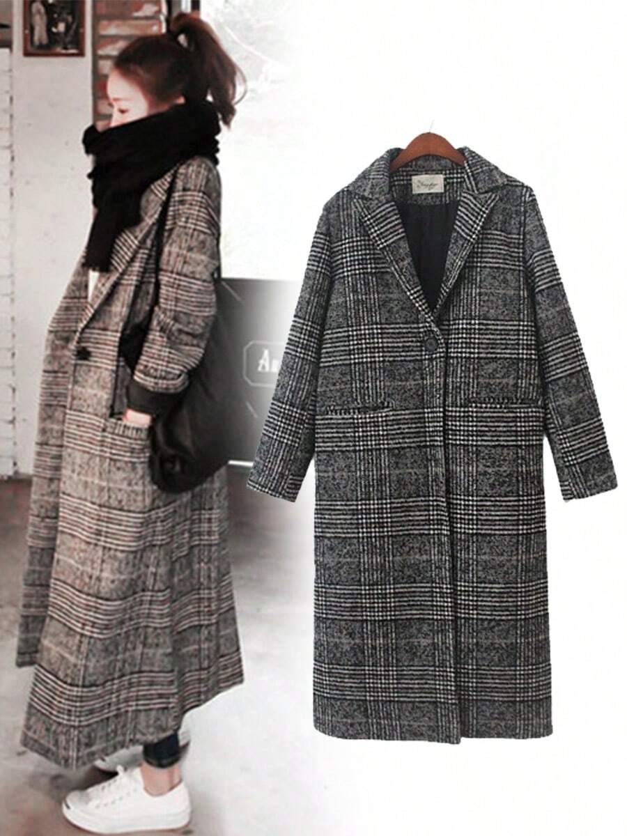Chic Houndstooth Coat For Women - Slim Fit, Long Thick Fleece, Herringbone Check, Warm And Cold Weather, Perfect For Fall/Winter Commutes And Dates, Machine Washable, Versatile Long Coat | Houndstooth Print | Double-Breasted Coat - 灰色 - 查看 1