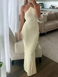 Women's Elegant Stripped Rib-Knit Sleeveless Halter Cami Long Mermaid Dress With Backless Detail - 黃色 - 查看 1