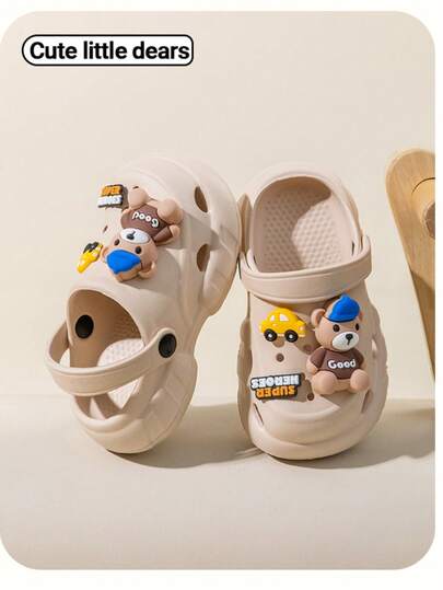 A Pair Of Comfortable Soft-Soled EVA Children's Hole Shoes With Thick Soles, Children's Outdoor Casual Slippers, Girls' Sandals, Detachable Small Bear Decoration Wooden Clogs, Girls' Wooden Clogs, Boys' Wooden Clogs, Suitable For Beach Outdoor Sports In Multiple Scenes