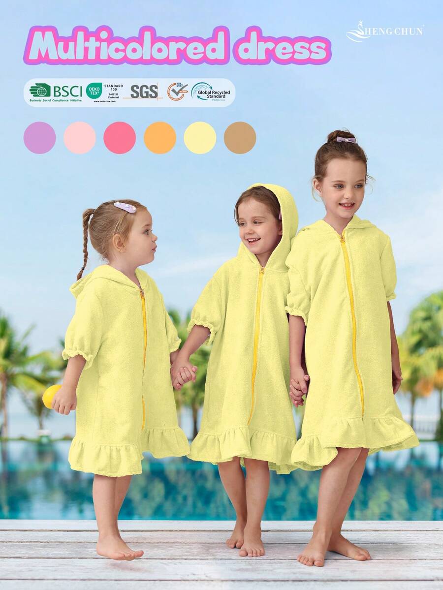 1pc Girls' Hooded Zip-Up Swim Cover-Up, Cute Puff Sleeve With Skirt, Available In Multiple Ages, Absorbent Towel Fabric, Suitable For Toddlers And Children, Essential For Home, Swimming, And Bathing