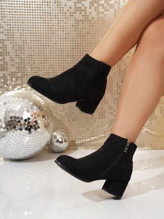 1 Pair Solid Color Casual Preppy Side Zipper Wide Fit Comfortable Ankle Boots And Short Boots, Chunky Heel High Heel Short Boots For Women, Autumn/Winter