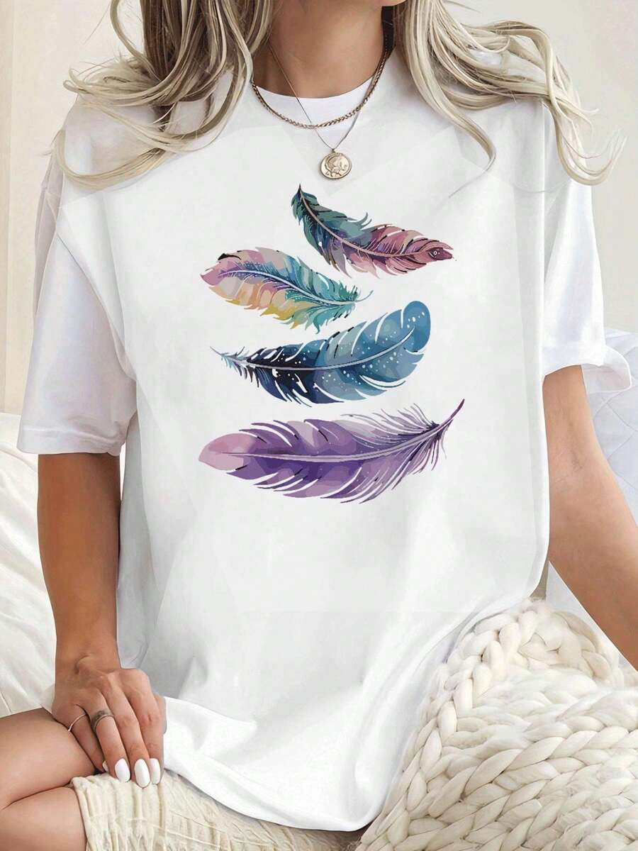 Camiseta con estampado de plumas de acuarela ,Camiseta informal de algodón de verano para mujer, manga corta, cuello redondo, 220 g/m2 (1 pieza) - Blanco - Ver 1