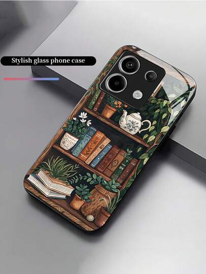 创意书架纹玻璃手机壳，包含书籍、盆栽和草元素，高清玻璃材质，兼容 Redmi/Vivo/Realme/OPPO/Honor/ 手机，适合 Note 13 Pro 4G/5G、Note 14、Redmi 14C/14T Pro、Honor X8B/X7A、Reno12 F/Reno10、Vivo V25/V23e/V29/Y78、Pixel 9 Pro XL、Pixel 7A、Moto G54，支持多种手机型号