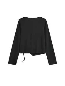 女士纯色不对称领口侧抽绳长袖休闲T恤，春秋季黑色 - 黑色 - 查看 2