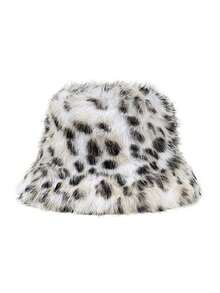 1PC Women's Leopard Print Plush Faux Fur Bucket Hat - Lightweight Warm Winter Hat For Outdoor Travel & Cold Weather, Soft Non-Elastic Snug Fit, Hand Washable Fashion Accessory, Winter Trapper Hat, Cold Weather Gear Autumn Decor