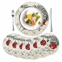 1pc/4pcs/6pcs/60pcs Christmas Pine Branch Bow Ornament Round Placemats, Christmas Linen Placemats, Stain-Resistant Placemats, Suitable For Home, Dining Room And Restaurants, Tabletop Decor, Home Goods - Multicolor - View 5