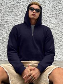 （秋冬）男友风男士必备半拉链卫衣，印花纯色时尚休闲卫衣，适合健身、跑步、锻炼、露营、拳击、骑行、户外运动，保暖秋季上衣，送给女友/男友的绝佳礼物 - 藏蓝色 - 查看 5