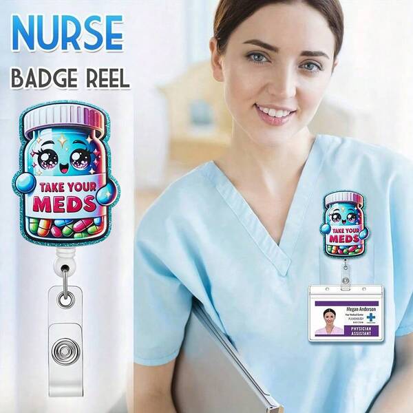 1 Blue Sparkling Medicine Can With Fun Expandable Badge Scroll, Name Badge Clip, With ID Clip, Badge Accessory DIY, Suitable For Nurses, Medical Staff, Nursing Students, Etc