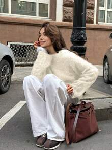 2026 Nuovo Maglione casual elegante da donna con spalle a goccia, collo a girocollo a costine, maniche lunghe, adatto per uso casual, top eleganti, concerti, streetwear, look da rientro a scuola - Albicocca - Visualizzare 5