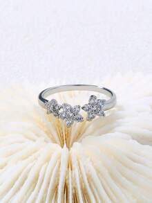 Nooxian 1 chiếc nhẫn Zirconia hình ngôi sao và hoa tối giản có thể điều chỉnh dành cho nữ - Bạc - Xem 3