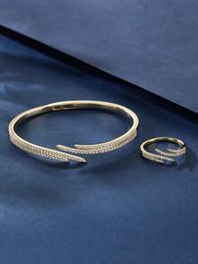 2pcs Jewelry Set: Bracelet And Ring, Minimalist And Fashionable, Double Pointed Cubic Zirconia Sparkling, Luxurious Style, Suitable As A Gift Or For Daily/Holiday Wear, For Women - Multicolor - View 11