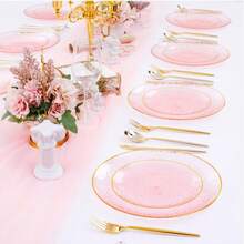 25 Stücke/Set 19cm/26cm rosa Teller, transparente rosa Teller mit goldenem Rand, beinhaltet gehämmerte goldene Teller