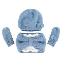 Baby Bow Beanie Fall Winter Toddler Knit Hat Scarf Glove Set Pompom Beanie Hat Fleece Neck Warmer