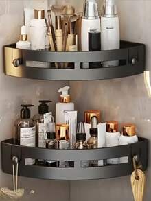 2pcs Plastic Corner Draining Storage Boxes With Built-In Hooks, No-Drilling Patch-Type Bathroom Organizer - Space-Saving Anti-Slip Shower Storage For Shampoo/Body Wash/Cosmetics, Multi-Purpose Shelf For Kitchen/Apartment, Easy-To-Install Home Decoration & Bathroom Essentials, Perfect Christmas Gifts For Girls & Homeowners, Waterproof Bathroom Storage Deco