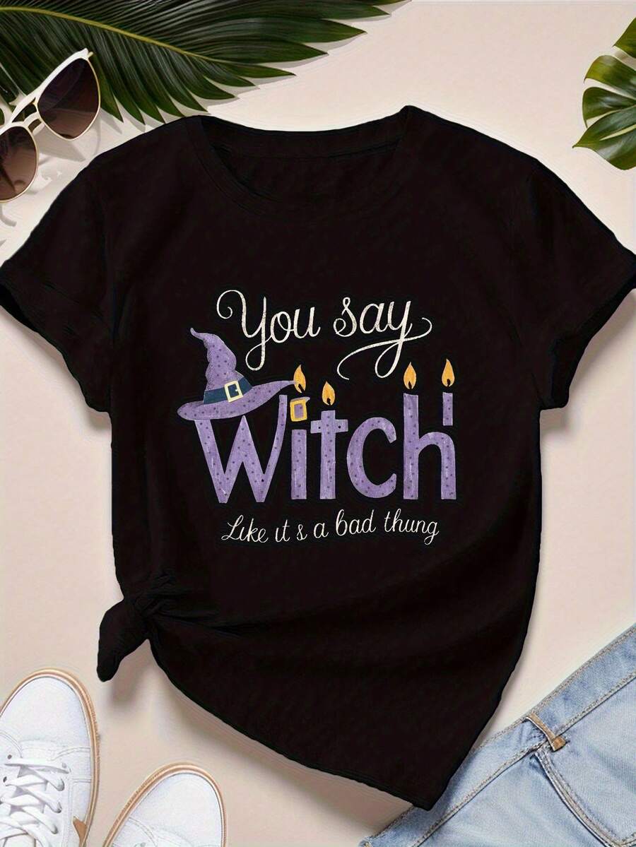 Plus SizeWomenS Plus Size Witch Graphic T-Shirt - You Say Witch Design With Spooky Cauldron & Cauldron Illustration, Breathable, Casual Summer Short Sleeve Tee For Halloween & Casual Attire, Halloween Clothing Playful Graphic Tee Soft Texture Shirt - 黑色 - 查看 1