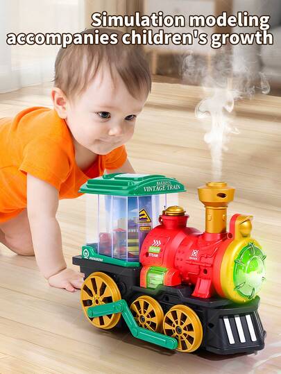 Kids Electric Train Spray Steam Toy Car, Omnidirectional Locomotive Model With Lights And Music, Head-Up Sensory Training Crawling Toy For Children