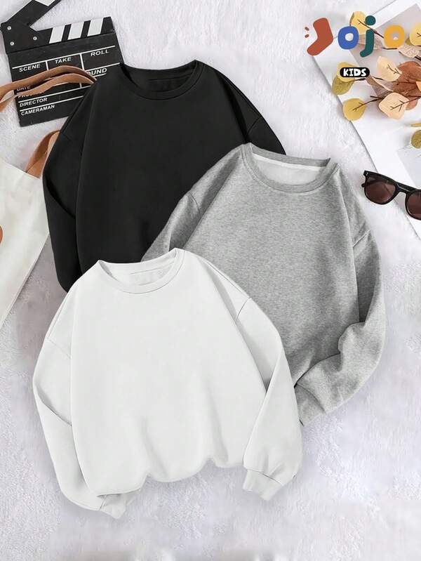 Oversized, super locker geschnittener Streetstyle Kinder Outfit, 3-teiliges Set mit weicher Baumwollmischung Langarm-Top, Herbst/Winter, unisex Jungen/Mädchen Oversized Dropped Shoulder College Weich, bequem, sportlich, Rundhals, süß, stylisch, lässiger Streetwear Trainingsanzug