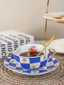 1 Set Ceramic Coffee Cup & Saucer, Creative Checkered Flower Design, Pink/Blue, Suitable For Home, Hotel, Cafe, Office Use