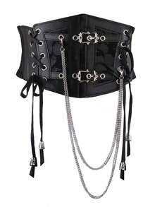 1 Piece Of Women's Dark Punk Style PU Leather All-Season Cinched Elastic Belt Waistband Casual Wide Waistband Suitable For Halloween Night Parties, Gatherings, Or Daily Wear - 黑色 - 查看 2