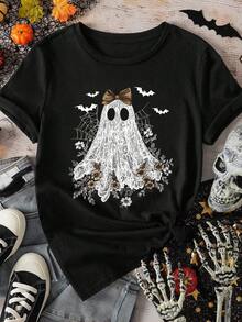 Camiseta vintage de fantasma con encaje floral, bonita camiseta estética de Halloween, top femenino de otoño y temporada espeluznante, camiseta vintage de fantasma para mujer - Negro - Ver 1