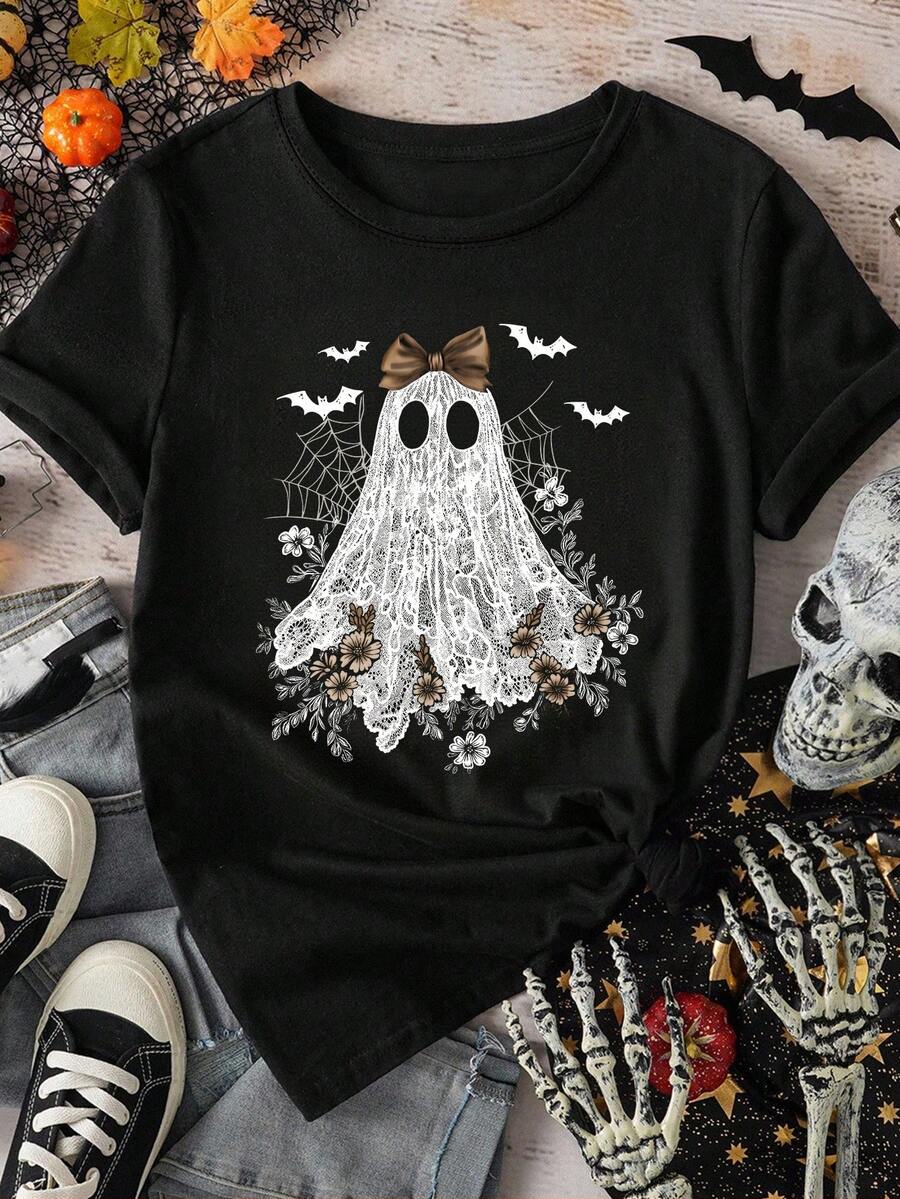 Camiseta vintage de fantasma con encaje floral, bonita camiseta estética de Halloween, top femenino de otoño y temporada espeluznante, camiseta vintage de fantasma para mujer - Negro - Ver 1