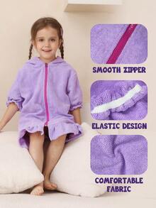 1pc Girls' Hooded Zip-Up Swim Cover-Up, Cute Puff Sleeve With Skirt, Available In Multiple Ages, Absorbent Towel Fabric, Suitable For Toddlers And Children, Essential For Home, Swimming, And Bathing