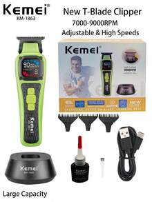 Kemei KM-1863 New Electric Hair Trimmer For Barber Professional T-Blade Cipper With Charging Base 0mm Zero Gapped Carving Clipper High Speed Adjustable Speeds 9000Rpm DLC Blade Hair Clipper High Quality Machine Gift For Men Birthday Finishing Machine, Christmas Gift Xmas, New Year Gift