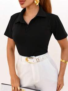 Women's Polo Neck Blouse Cotton T-Shirt Short Sleeve Casual Elegant Office - 黑色 - 查看 2