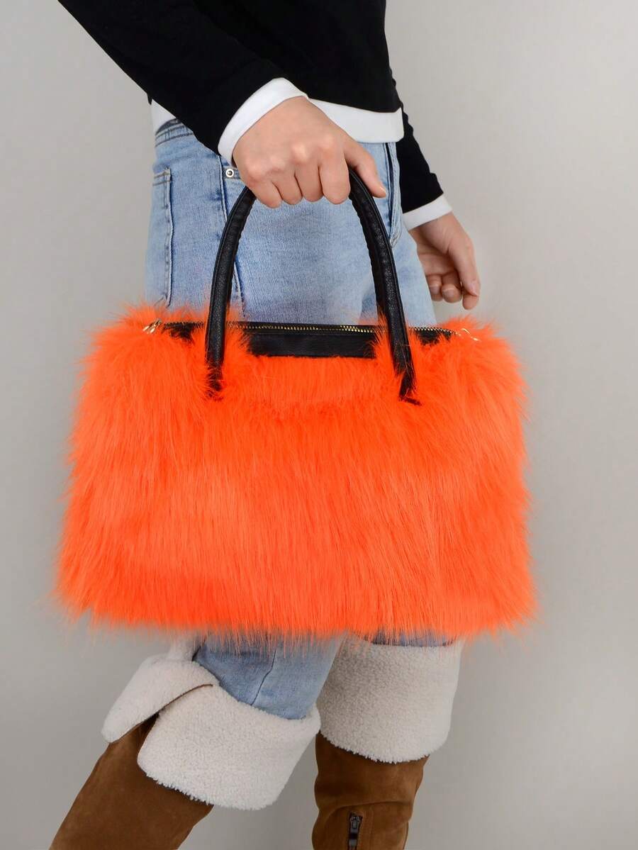 Furry Shoulder Bag For Women Fuzzy Faux Fur Large Tote Handbag Cute Soft Fluffy Purse Fluffy Women's Handbag Soft Faux Fur Cute Women's Fur Bag Suitable For Shopping And Traveling Women's Faux Fur Shoulder Handbags Tote Bag Satchel Furry Purse For Women, Faux Fur Bag Y2k Purse Fluffy Tote Bag Fuzzy Crossbody Handbags - 橘色 - 查看 1