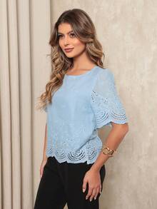 ALETHEIA- ELEGANT, COMFORTABLE WOMEN'S BLOUSE 100% COTTON EMBROIDERED- WOMEN'S BLOUSES - 淺藍色 - 查看 4