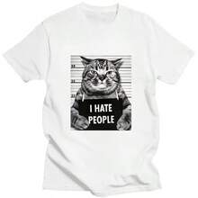 I Hate People Meow Print T-Shirt Fun Cat Print T Shirts Loose Street Short Sleeve FemaleMale 100% Cotton Clothing Casual Tshirt3