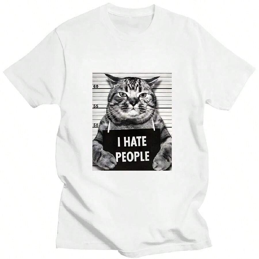 I Hate People Meow Print T-Shirt Fun Cat Print T Shirts Loose Street Short Sleeve FemaleMale 100% Cotton Clothing Casual Tshirt3