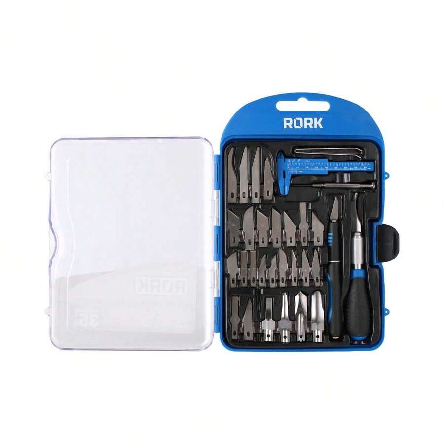 Kit de navajas tipo exacto 35 piezas MRK-001 RORK, set de herramientas para manualidades y precisión, cuchillas intercambiables, ideal para proyectos creativos, material resistente - Azul - Ver 1